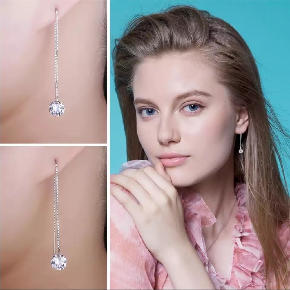 Sterling Silver 925 Drop Long Earrings CZ - Picture 3 of 4